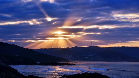 gorgeous sunset over bay - clouds, windmill, mountains, sunset, bay