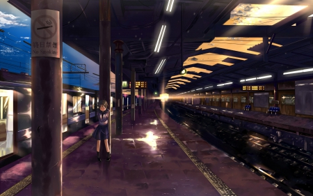 I'm still waiting for you - girl, sad, night, crying, school uniform, train, alone, wagon, schoolgirl, anime, platform, lights