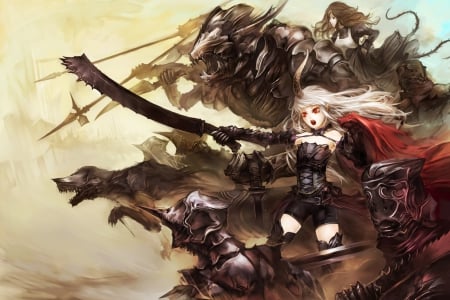 attack - girl, demons, monster, long hair, attack, sample, brow hair, red eyes, queen, anime, sword, maid, white hair, demon