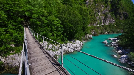 hanging bridge over green river - gorge, forest, river, hanging, green, bridge