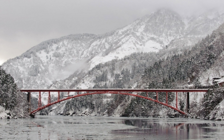 Japanese bridge in winter - red, Japan, snow, HD, bridge