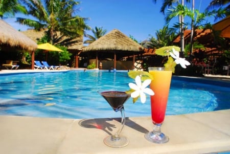 Cocktails by the Pool - swimming, paradise, tropical, hotel, smoothies, exotic, polynesia, island, flowers, pool, resort, drinks, retreat, tahiti, plumeria, cocktails