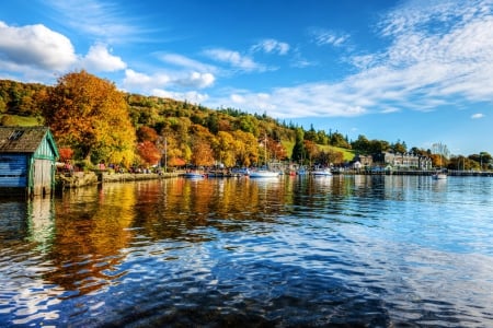 Autumn at the River - fall, houses, trees, water, colors