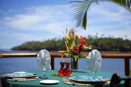 Sea View Tropical Dining - table for two, lagoon, beach, sea, island, polynesia, ocean, tahiti, south pacific, dine, tropical, bora bora, view, dining, exotic, paradise