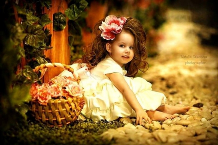 Cute Girl - flowers, girl, cute, basket