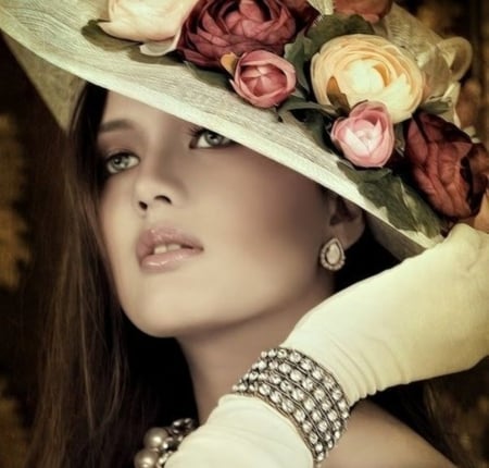 Model - lady, hat, flowers, gloves, model