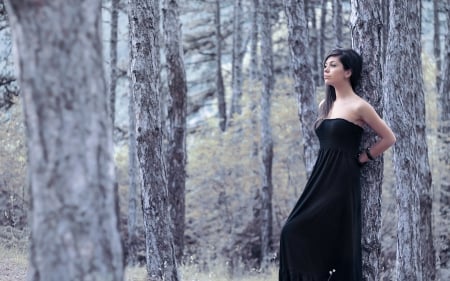 Alone - alone, body, forest, long, landscape, beauty, femininity, models, black dress, girl, brunettes, sensual, lady, trees, hair, woman