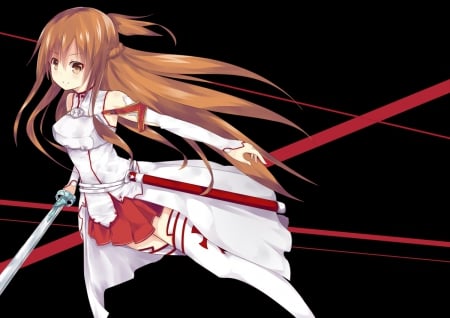 Yuuki Asuna - pretty, anime, female, warrior, dress, long hair, armor, yuuki, sword art online, weapon, sao, nice, gown, anime girl, asuna, hot, girl, sword, yuuki asuna, lovely, brown hair, sweet, knight, blade, asuna yuuki, cute, sexy