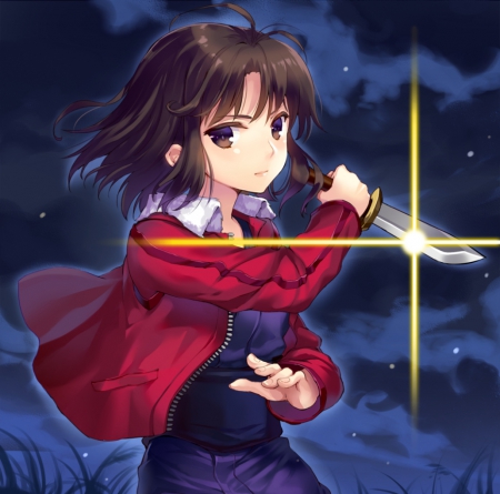 Dagger - anime, female, mad, light, emotional, short hair, rapier, weapon, sorrow, sparks, dagger, brown eyes, anime girl, serious, hot, girl, sword, brown hair, blade, glow, angry, sinister, jacket, cute, sexy