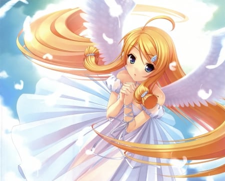 Angel - nice, beauty, female, hot, angel, blond, wings, anime girl, blond hair, pretty, blonde hair, anime, feather, cute, sexy, girl, adorable, long hair, gown, lovely, kawaii, wing, beautiful, sweet, dress, blonde