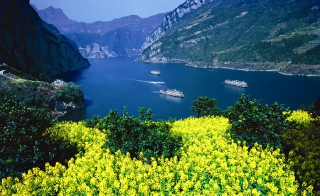 River journey - summer, blue, amazing, cruise, walk, mountain, flowers, shore, journey, riverbank, view, cliffs, nice, sky, beautiful, ship, lovely, river, nature, trip, rocks