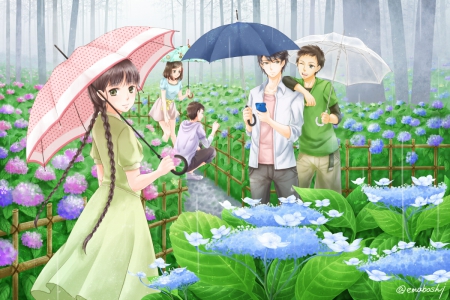 Flower Garden - pretty, twin tail, female, scenery, scene, red data girl, umbrella, garden, nice, gown, hot, flower, cute, floral, sexy, anime, twintail, team, dress, guy, long hair, boy, male, group, rdg, twin tails, anime girl, twintails, girl, scenic, lovely, brown hair, sweet, braids