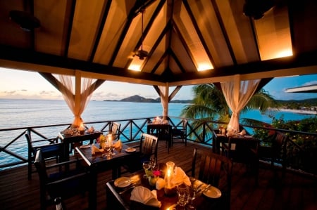 Beach Front Dining - lagoon, beach, candle, food, sea, island, ocean, lunch, eat, dine, tropical, view, dining, exotic, paradise, restaurant