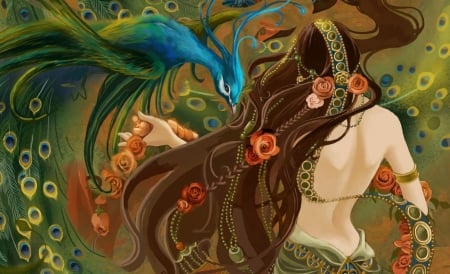 Peacock Girl - digital, wallpaper, fantasy, peacock, beautiful, girl, woman, art