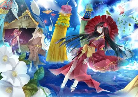 big festival - lights, umbrella, male, ribbon, animegirls, red eye, birds, festival, spirits, kami-sama, water, short hair, shrine, mask, flowers, anime, sky, long hair, black hair, moon, kimono, female, boy