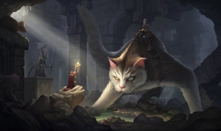 Cat Rider - figures, people, beautiful, serene, cat, fantasy, digital, nice, art, wallpaper