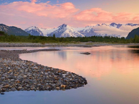 Alsek River Valley, Alaska - water, mountains, stones, landscape