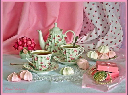 Tea Time - table, cups, sweets, can