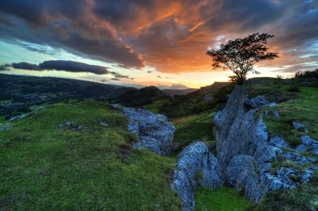 Snowdonia National Park, Wales, UK - landscape, clouds, british, tree, sunset, rocks