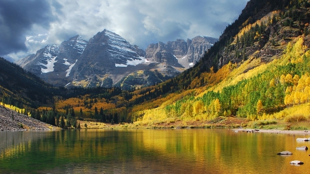 MAROON BELLS - COLORADO - clouds, trees, water, snowy peaks, forests, autumn, landscapes, mountains, lakes