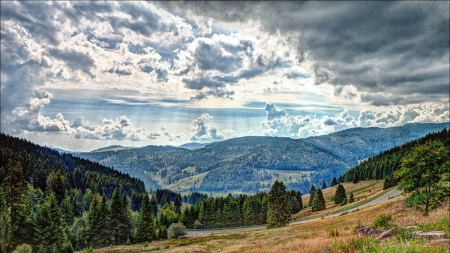 superb sun rays over valley hdr - clouds, sun rays, hdr, road, forest, mountains, valley