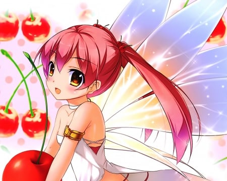 Fairy - pretty, anime, kawaii, female, wing, cherry, long hair, fruit, nice, hot, girl, lovely, sweet, wings, fairy, cute, adorable, sexy