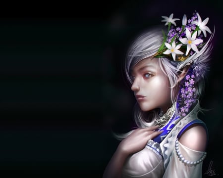 Gloomy - realistic, beauty, female, emotional, darkness, anime girl, gloom, sinister, dark, anime, fantasy girl, silver hair, maiden, lady, gloomy, girl, sad, long hair, cg, sorrow, hd, floral, 3d, beautiful, serious, flower, white hair