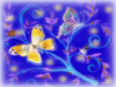 âœ«Glow Butterfliesâœ« - animals, bee, pretty, yellow, creative premade, digital art, softness beauty, paintings, birds, butterflies, lovely, plants, nature, glow, glow butterfly, love four seasons, blue, beautiful, leaves, flowers, butterfly designs, drawings