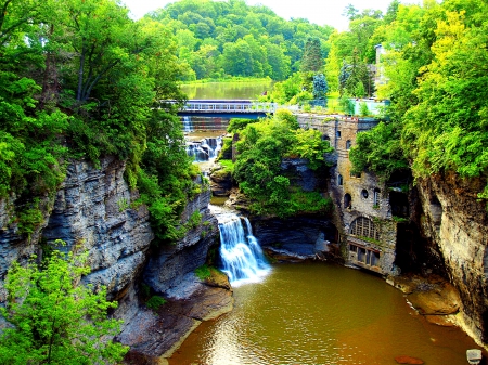 Waterfall at Dam - trees, reservoir, river, water, mountains