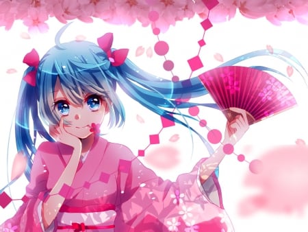 Hatsune Miku - hot, anime girl, elegant, petals, kimono, oriental, hatsune miku, sexy, long hair, divine, vocaloids, floral, vocaloid, beautiful, pink, yukata, sweet, nice, beauty, fan, idivine, female, twintail, gorgeous, pretty, anime, miku, cute, twin tail, girl, twintails, lovely, blue hair, hatsune, kawaii, twin tails, sublime, blue, flower