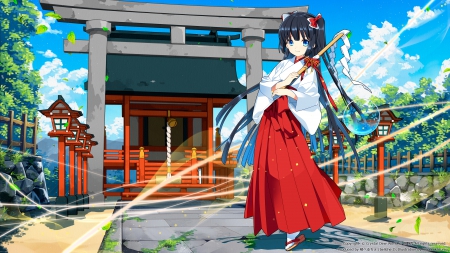 Shrine Maiden - pretty, anime, kawaii, female, scenery, scene, home, shrine, oriental, nice, sky, house, anime girl, gate, hot, girl, scenic, lovely, sweet, cloud, cute, sexy, building