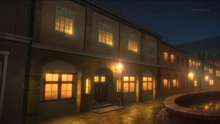 SAO: Taft Inn - pretty, anime, scenery, town, landscape, scene, night, light, home, dark, sword art online, sao, sparks, nice, house, beautiful, city, scenic, beauty, lovely, sweet, glow, building