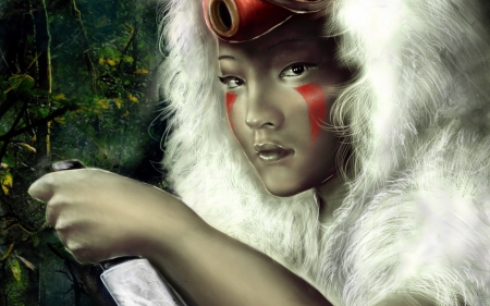 Mononoke - tattoo, girl, fur, fantasy, white, red, green, woman, princess, mononoke