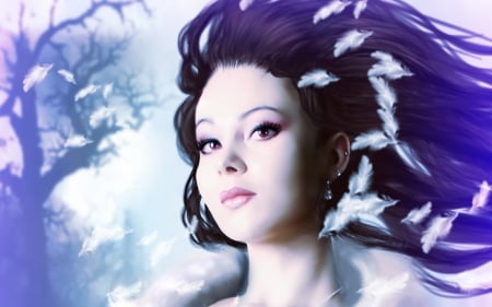 Fantasy girl - feather, white, purple, fantasy, pink, girl, woman, blue