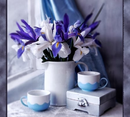 Irises and tea time - tea time, flowers, teacups, irises, still life