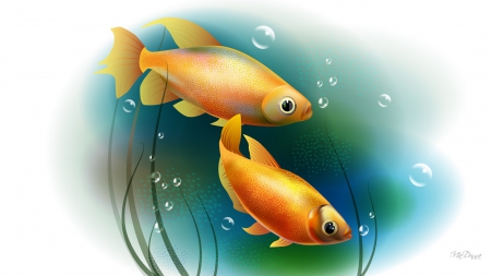 Gold Fish - pets, water, gold fish, sea, aquarium, bowl, bright, bubbles, plants, sea grass