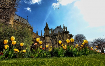 Medieval Church - park, building, england, flowers