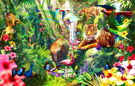 The Jungle - monkeys, animals, flowers, plants, tiger, birds, butterflies