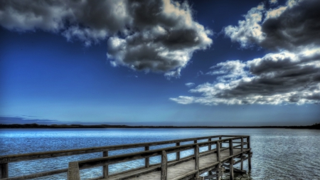 wooden pier in a blue lake hdr - clouds, blue, wood, hdr, lake, pier