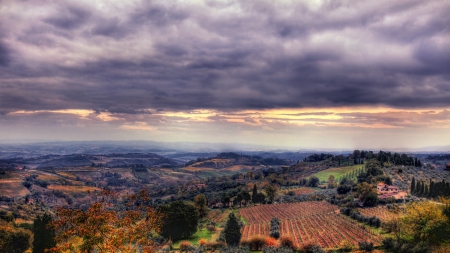 gorgeous view of farms on hills hdr - clouds, hills, fields, vineyards, hdr, farms