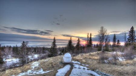 weather station on a hill above a seacoast - hill, trees, sunset, coast, statton, sea