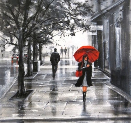 red umbrella - black, red, painting, oil, art