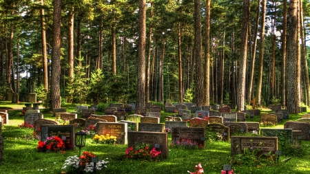 serene cemetery - cemetery, forest, head stones, flowers, grass