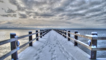 fantastic pier in winter hdr - clouds, winter, hdr, sea, pier