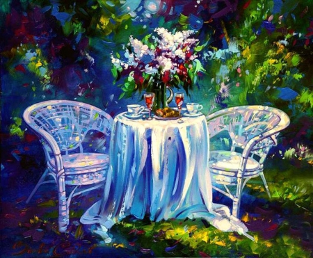 Painting - chairs, flowers, table, vase, painting