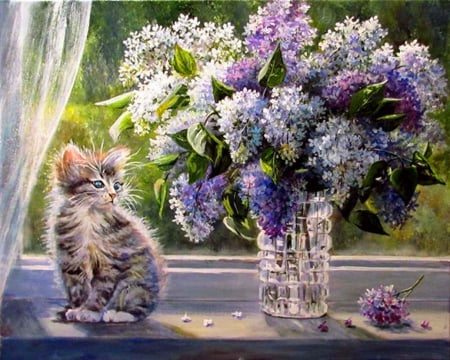 Still Life - cat, still life, nature, lilacs