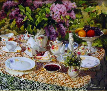 Tea Time - abstract, cups, painting, teatime