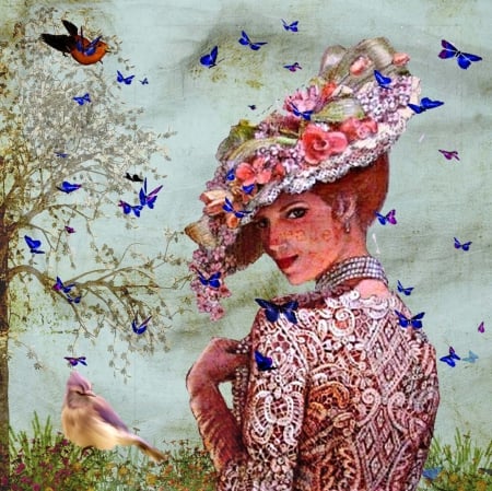 Lady - hat, lady, painting, butterflies