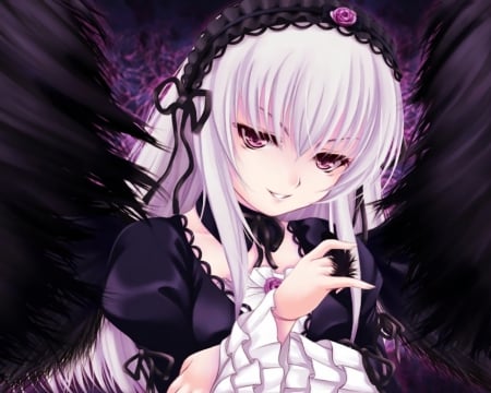 Suigintou - anime, female, dress, gloomy, evil, long hair, emotional, gloom, suigintou, rozen maiden, gown, anime girl, serious, creep, hot, girl, black, sinister, cute, sexy