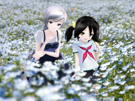 Alpine Meadow - flower, cute, blossom, hot, anime girl, girl, scenery, floral, scenic, pretty, landscape, sweet, anime, garden, long hair, petals, nice, lovely, sexy, scene, female